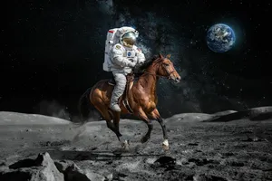 A realistic astronaut being ridden by a horse, photorealistic depiction in outer space with accurate lighting and proportions - Ideogram Ideogram 4.0 (Quality)