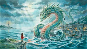 A sea creature rising from a stormy ocean near a village. Replicate the visual style of 'Ponyo' by Studio Ghibli, with Miyazaki's fluid water animations and vibrant creatures. - Ideogram Ideogram 4.0 (Quality)