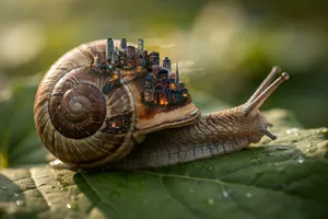 A snail whose shell contains a miniature city skyline, depicted in a hyperrealistic macro photography style with intricate architectural details and ambient lighting. - Ideogram Ideogram 4.0 (Quality)