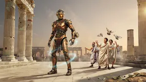 A steampunk robot time-traveling in ancient Rome, depicted in a detailed cinematic style that blends historical accuracy with copper and brass retrofuturistic aesthetics. - Ideogram Ideogram 4.0 (Quality)