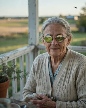 A ultra high-resolution portrait of an elderly woman with silver hair and bifocal glasses, each lens reflecting a distant landscape, captured in warm late-afternoon sunlight - Ideogram Ideogram 4.0 (Quality)