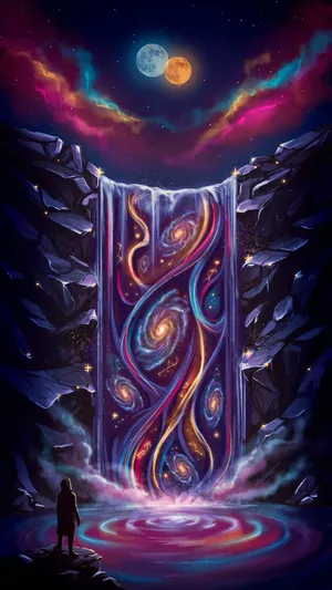 A waterfall that pours out stars and galaxies instead of water, illustrated in a cosmic fantasy style with vibrant space colors and dramatic lighting effects. - Ideogram Ideogram 4.0 (Quality)