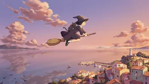 A young witch flying on a broomstick above a coastal town at sunset. Exact art style of 'Kiki's Delivery Service' by Studio Ghibli, with Miyazaki's character design and warm colors. - Ideogram Ideogram 4.0 (Quality)