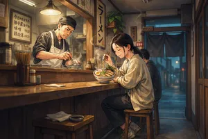 An anime scene of a character eating ramen at a small shop counter (slice-of-life style). - Ideogram Ideogram 4.0 (Quality)