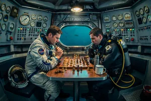 An astronaut and a deep-sea diver playing chess together inside a submarine. - Ideogram Ideogram 4.0 (Quality)
