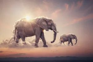 An elephant made of clouds floating in a sunset sky, rendered in a surrealist photorealistic style with ethereal golden lighting and atmospheric depth. - Ideogram Ideogram 4.0 (Quality)