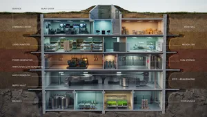 Cross-section rendering of a multi-level underground bunker with different functional areas, structural support systems, ventilation, and power generation facilities visible. - Ideogram Ideogram 4.0 (Quality)
