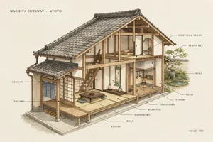 Cutaway architectural drawing of a traditional Japanese machiya townhouse showing all rooms and structural elements. Include accurate proportions, traditional joinery, and typical spatial organization. - Ideogram Ideogram 4.0 (Quality)