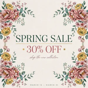 Instagram post graphic: 'SPRING SALE 30% OFF'. Floral background, pastel colors, elegant serif font style visually integrated. - Ideogram Ideogram 4.0 (Quality)
