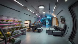 Interior of a futuristic space habitat with hydroponics gardens, communal areas, and living quarters. Show curved walls, artificial gravity considerations, and multipurpose furniture designs. - Ideogram Ideogram 4.0 (Quality)