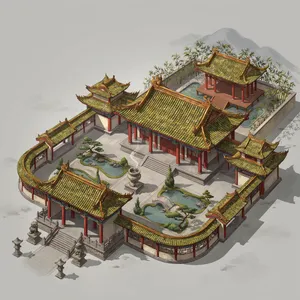 Isometric architectural illustration of an ancient Chinese temple complex showing multiple pavilions, gardens, and ceremonial spaces. Include proper roof structures and traditional ornamentation. - Ideogram Ideogram 4.0 (Quality)
