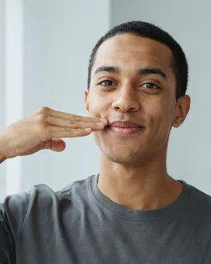 Photorealistic close-up portrait of a person clearly performing the American Sign Language gesture for 