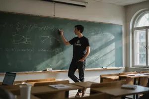 Photorealistic depiction of a man wearing a clearly visible black OpenAI-branded T-shirt. He is standing at the front of a university lecture hall, writing complex mathematics and AI-related equations across a large, dusty chalkboard filled with notation - Ideogram Ideogram 4.0 (Quality)