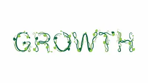The word 'GROWTH' visualized using stylized plant vines organically forming the letters, green tones, white background, graphic design. - Ideogram Ideogram 4.0 (Quality)