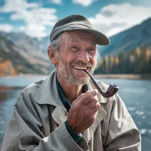 A 4K photo of an old fisherman with a weathered face and a pipe, grinning. - Ideogram Ideogram V2