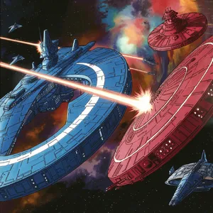 A 90s anime-style space battle scene with giant starships and laser beams. - Ideogram Ideogram V2