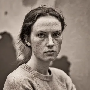 A black and white close-up portrait of a freckled woman with an intense gaze. - Ideogram Ideogram V2
