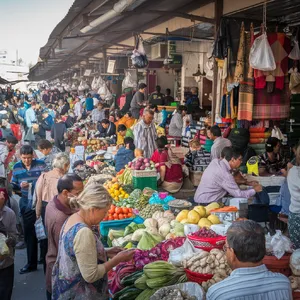 A bustling market scene with dozens of people buying and selling goods. - Ideogram Ideogram V2