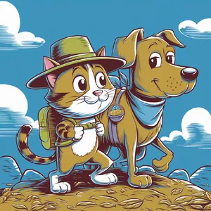 A cartoon of a cat and a dog on an adventure, drawn in a colorful 2D style. - Ideogram Ideogram V2