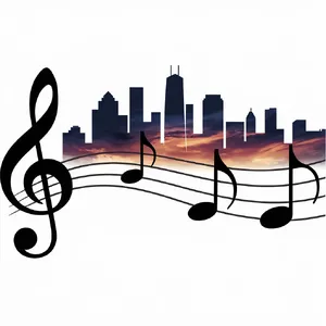 A city skyline that forms the shape of musical notes on a staff, created in a stylized graphic design aesthetic with clean architectural lines and dramatic twilight colors. - Ideogram Ideogram V2