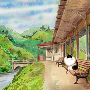 A countryside train station with a cat waiting on a bench. Rendered in Studio Ghibli animation style with Miyazaki's watercolor backgrounds and hand-drawn quality. - Ideogram Ideogram V2