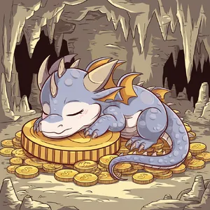A cute chibi-style dragon sleeping on a pile of gold. - Ideogram Ideogram V2