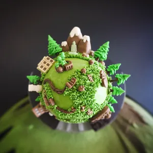 A dessert cake that looks like a tiny planet, complete with miniature trees and mountains, photographed in a professional food photography style with tilt-shift focus effect. - Ideogram Ideogram V2