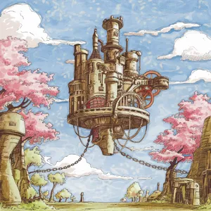 A floating steampunk castle in the sky with intricate mechanical gears and cherry blossom trees, illustrated in Hayao Miyazaki's Castle in the Sky (1986) art style with watercolor textures and detailed line work. - Ideogram Ideogram V2