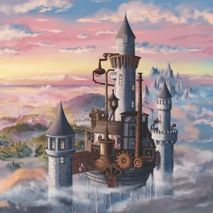 A flying castle floating in clouds at sunrise. Match the visual aesthetic of 'Howl's Moving Castle' by Studio Ghibli, with Miyazaki's blend of steampunk elements and fantasy. - Ideogram Ideogram V2