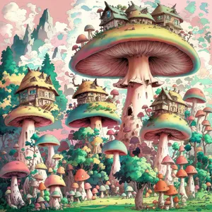 A forest of giant mushrooms with houses built on top of them, rendered in a whimsical Studio Ghibli-inspired art style with vibrant colors and fantastical details. - Ideogram Ideogram V2