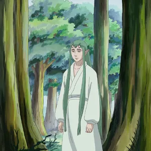 A forest spirit standing among tall trees. Replicate the artistic style of 'Princess Mononoke' by Studio Ghibli, with Miyazaki's detailed environments and mystical creature design. - Ideogram Ideogram V2