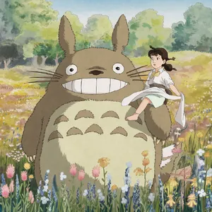 A girl and a giant fluffy creature napping in a wildflower meadow. Reproduce the art style of 'My Neighbor Totoro' by Studio Ghibli, with Miyazaki's soft character designs. - Ideogram Ideogram V2