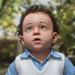 A hyper-realistic photo of a toddler with curly hair and big eyes, looking upward. - Ideogram Ideogram V2