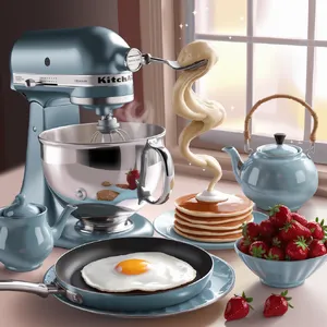 A kitchen with magical cooking implements preparing breakfast. Duplicate the artistic style of Studio Ghibli's domestic scenes, with Miyazaki's detailed settings and warm lighting. - Ideogram Ideogram V2