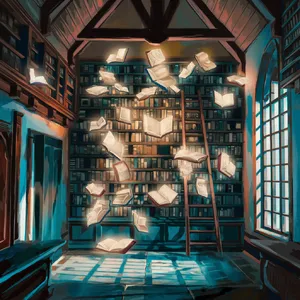 A library where the books are glowing and floating in mid-air, illustrated in a magical realism style with dramatic lighting and rich atmospheric colors. - Ideogram Ideogram V2