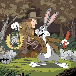 A Looney Tunes-inspired cartoon scene of a clever rabbit tricking a hunter. - Ideogram Ideogram V2