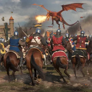 A medieval battlefield with knights on horseback and a dragon flying overhead. - Ideogram Ideogram V2