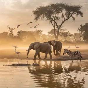 A misty dawn at an African savanna watering hole where elephants, lions, and zebras coexist in tense harmony, with a crocodile partially submerged in the foreground and flamingos taking flight in the background, golden hour lighting. - Ideogram Ideogram V2
