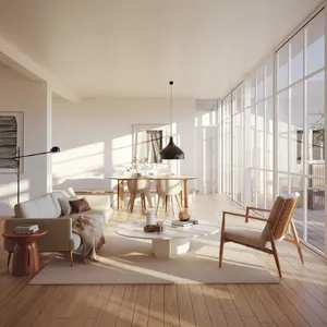 A photorealistic interior of a modern Scandinavian-style living room with natural light streaming through floor-to-ceiling windows. Show detailed wood textures, fabric materials, and proper light reflections. - Ideogram Ideogram V2