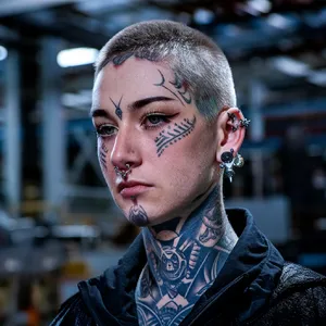 A portrait of a person with elaborate facial tattoos and piercings, shown in sharp detail. - Ideogram Ideogram V2