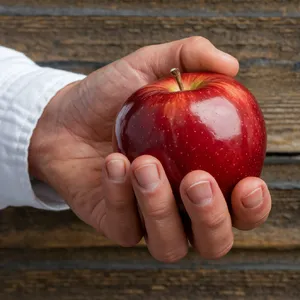 A realistic photo of a hand holding a red apple, with all fingers clearly visible. - Ideogram Ideogram V2
