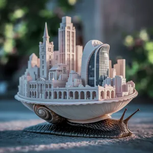 A snail whose shell contains a miniature city skyline, depicted in a hyperrealistic macro photography style with intricate architectural details and ambient lighting. - Ideogram Ideogram V2