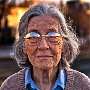 A ultra high-resolution portrait of an elderly woman with silver hair and bifocal glasses, each lens reflecting a distant landscape, captured in warm late-afternoon sunlight - Ideogram Ideogram V2