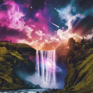 A waterfall that pours out stars and galaxies instead of water, illustrated in a cosmic fantasy style with vibrant space colors and dramatic lighting effects. - Ideogram Ideogram V2