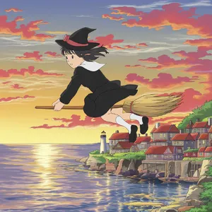 A young witch flying on a broomstick above a coastal town at sunset. Exact art style of 'Kiki's Delivery Service' by Studio Ghibli, with Miyazaki's character design and warm colors. - Ideogram Ideogram V2