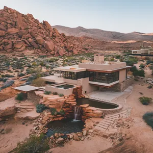 Aerial view of a modernist desert home, in the style of Frank Lloyd Wright's Fallingwater but adapted to desert conditions. Show integration with rocky landscape and water features. - Ideogram Ideogram V2