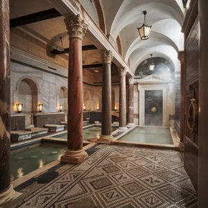 An ancient Roman bathhouse interior with accurate architectural details - marble columns, mosaic floors, arched ceilings, and steam rising from pools. Natural light from oculus openings. - Ideogram Ideogram V2