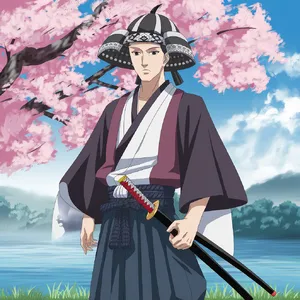 An anime-style portrait of a samurai standing under pink cherry blossoms. - Ideogram Ideogram V2