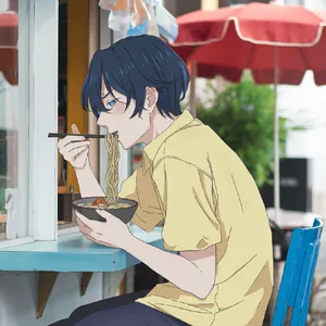An anime scene of a character eating ramen at a small shop counter (slice-of-life style). - Ideogram Ideogram V2