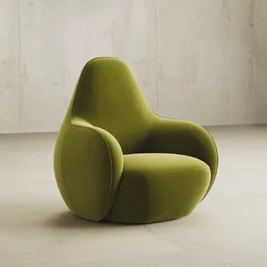An armchair designed in the shape of an avocado, presented in a contemporary product photography style with professional studio lighting against a minimalist background. - Ideogram Ideogram V2